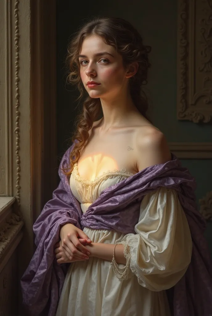 a woman in a 18th European nightgown with a purple silk shawl on her shoulder and a ray of light is only hitting her chest.