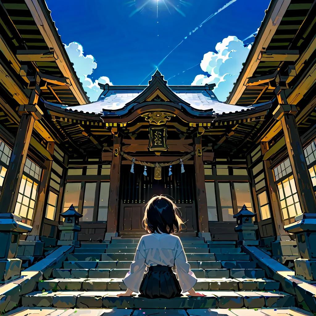 Admire the cityscape from the stone steps of the shrine on the mountain、Back view of a girl sitting on a stone step、blue sky