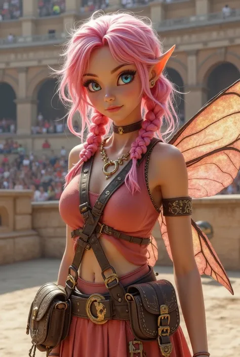 Create a female fairy princess with medium length pink hair in messy pigtail braids and colorful iridescent eyes. She has belt bags and a crossbody bag with lots of full pockets. she has elf like ears and wings. Place her in a coliseum setting 