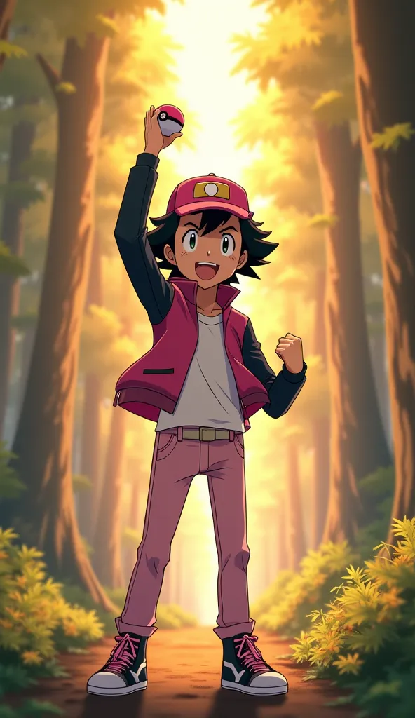 "Satoshi (Ash Ketchum), dressed in his dark pink jacket with black sleeves and white trim, a white T-shirt, light pink jeans, and high-top white-and-black sneakers with pink laces, stands triumphantly in the forest, holding a Poké Ball high in the air. His...