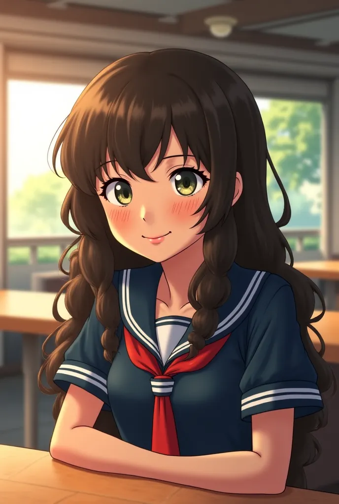 Screenshot of My Hero Academia girl with long dark brown hair, wavy olive green eyes with fringed brown skin and freckles, She has a cheerful expression as she talks to Bakugou and her eyes full of emotion. She wears the uniform of the UA academy and runs ...