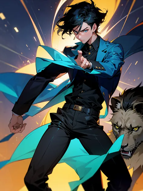 1male, Adult, cinematic still shot, 80s Blazer Jacket, Black pants with a Lion belt buckle, Dark black hair with cyan tips, Studio lighting, Vivid colors, Bokeh