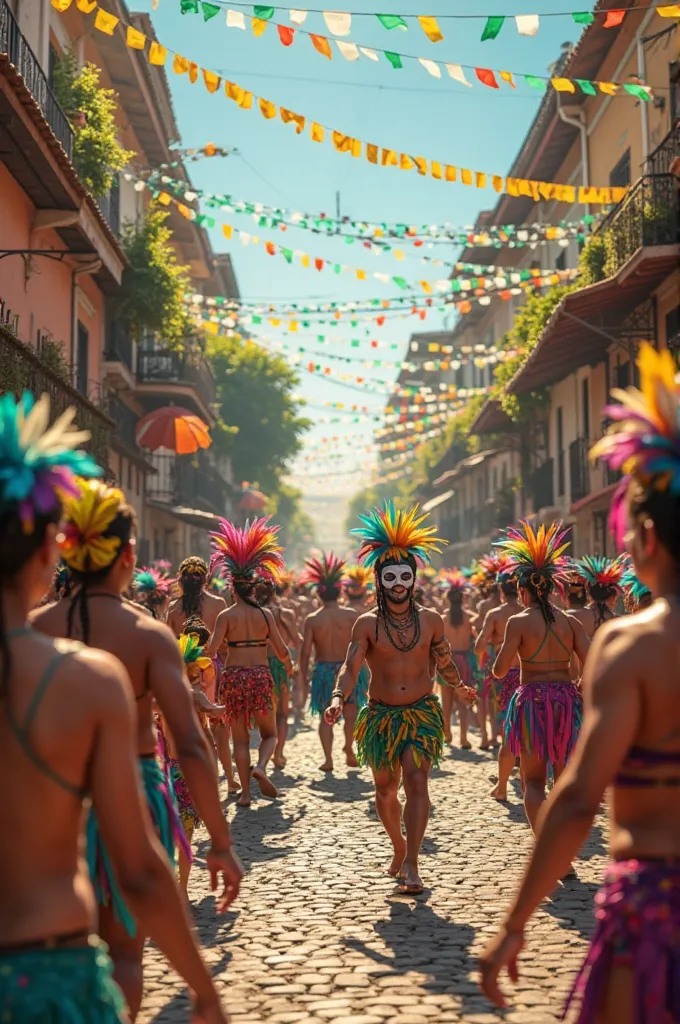 Create a background of the streets of Brazil during carnival season with flags in the houses and very colorful with girls wearing masks on the sides 