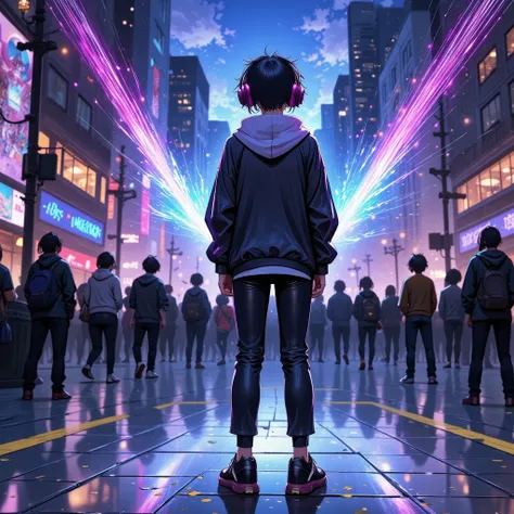 High-detail anime-style illustration of a young musician standing in an open plaza, eyes closed, feeling the rhythm of their heartbeat. Their headphones glow subtly as colorful waves of energy pulse outward, symbolizing the song’s theme of embracing one’s ...