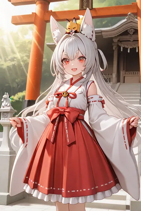  girls on the left、cute、Wearing a kimono、fox耳、 Silver Hair、 red eyes、Round eyebrows、short、is young、Inari、shrine、torii、I'm wearing a shrine maiden suit 、Sunbathing、fox、God、 hair is long