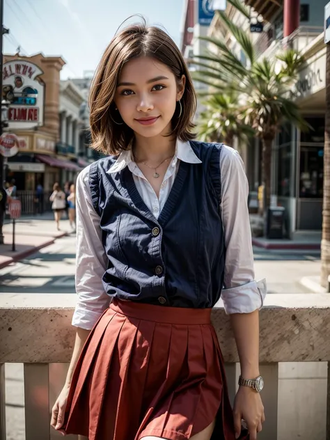 Top quality, ultra high resolution, realistic, Beautiful Woman, Beautiful detail eyes and skin, smile, Light brown short-cut hair. She is wearing (Tiny Stud Earrings, Tiny Pendant Necklace, school uniform:1.3, collared white shirt, red vest, blue frilled s...