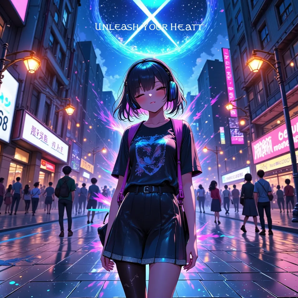 High-detail anime-style illustration of a young musician standing in an open plaza, eyes closed, feeling the rhythm of their heartbeat. Their headphones glow subtly as colorful waves of energy pulse outward, symbolizing the song’s theme of embracing one’s ...