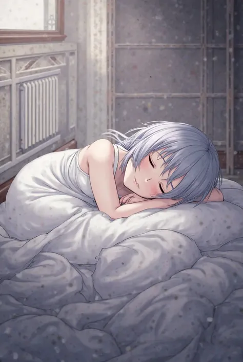 Draw me a picture of sunaookami shiroko from Blue archive, sleeping at a bed