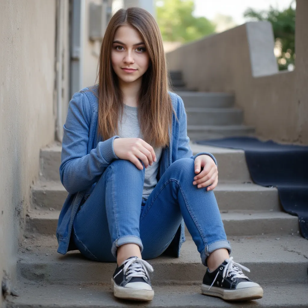 woman sitting on stairs. Has a blue sweater on.  und Jeans .  she is wearing sneakers .   photorealistic style  ,  Sharp Focus, very detailed, sunlight, Detail,   whole body