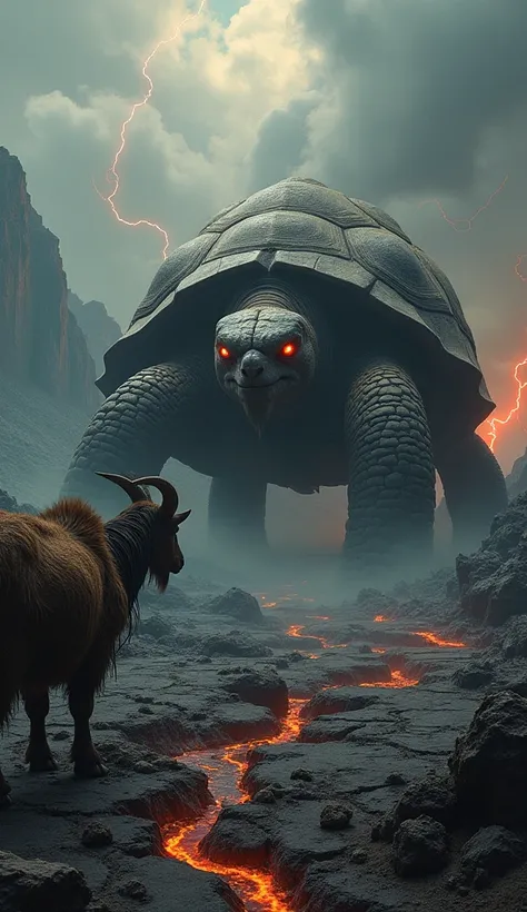 "A surreal scene of a goat and a turtle standing face to face in a desolate volcanic wasteland. The goat, rugged and weathered, with matted fur and curved horns blackened by ash, stands firmly on the cracked, molten ground. The turtle, ancient and colossal...