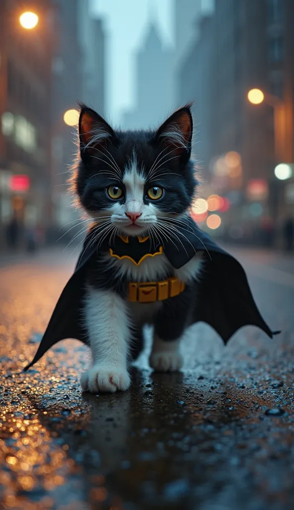 A fluffy white and black kitten in batman cosplay, walking in the night on the road, angry, beating villains