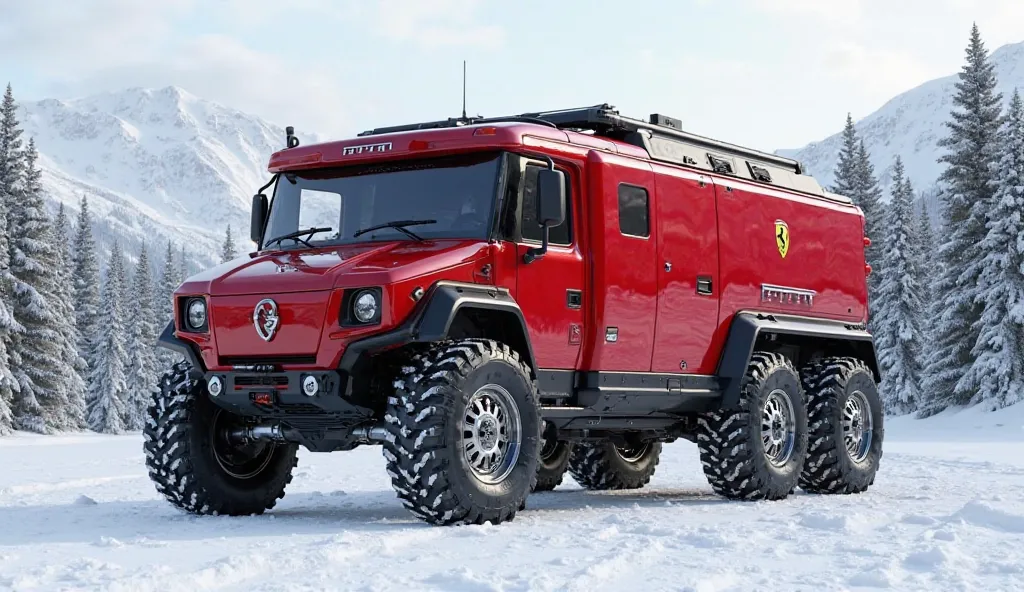 ☃️💨"Stunningly realistic 3D render of a colossal, heavily armored 2025 Ferrari Motorhome   truck 
designed for off-road adventures. Features include enormous off-road tires with silver-colored wheels, reinforced metal panels, and an aggressive front  view....