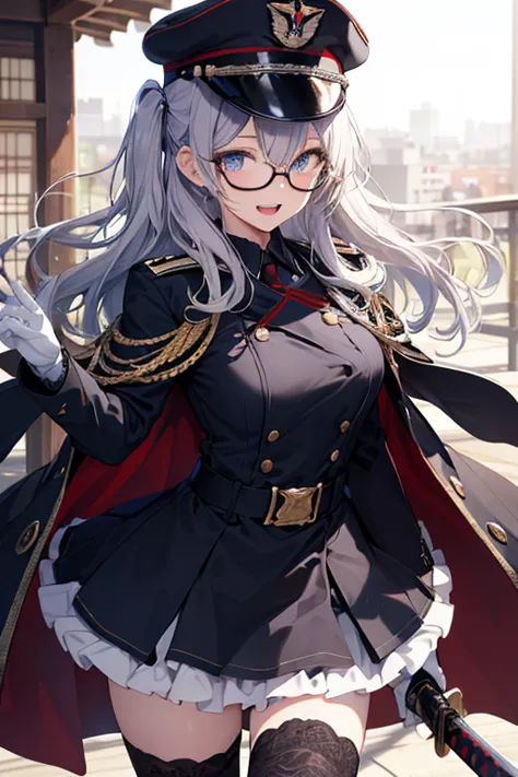 (from below:1.2, best quality ), girl , Platinum color hair military uniform , The dreamer wants purplish blue eyes ,(small breasts:1.0), Lori will do it, (masterpiece:1.2, best quality ), (Beautiful detailed depiction : 1.2), ( beautiful detailed face ), ...