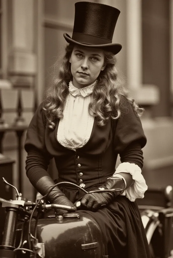 A young woman dressed in Victorian fashion sits sidesaddle on a Royal Enfield-style motorcycle. She wears a corset with a pronounced neckline that accentuates her delicate, high-set chest. A tall top hat sits on her head, with golden blonde ringlets cascad...