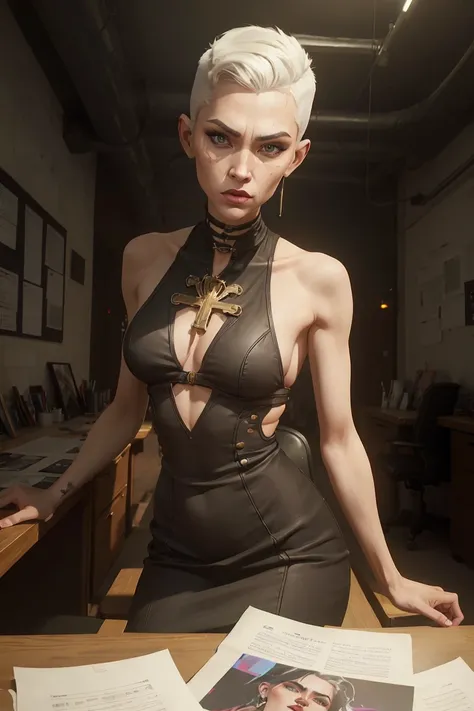 (Masterpiece:1.2, Best quality, cyberpunk), (real photo, Intricate details), (1lady, solo, Slender body, Upper body, small breast,)，old face  Experiment with appearance：Shave your head or white barbershop style short thick hair color, white hair, short hai...