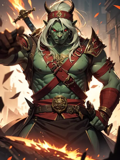 A fierce orc Blademaster from Warcraft 3, waist-up. His muscular green body is battle-scarred, with long, wild white hair flowing under a red headband. His glowing yellow eyes radiate determination. He wears a single spiked shoulder pad, a red sash, and or...