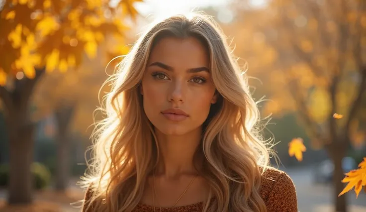 A high-quality, naturally lit portrait shot on a Sony camera featuring a 35-year-old American woman with fair skin named Avery Mitchell. She appears radiant and resilient, standing amidst a serene autumn background with falling leaves and warm sunlight. Sh...