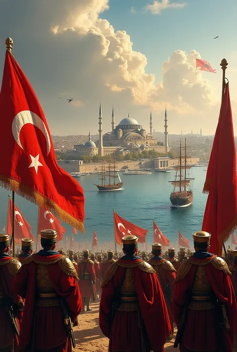 Photo de la conquête de Constantinople entouré par des bateaux en 1453