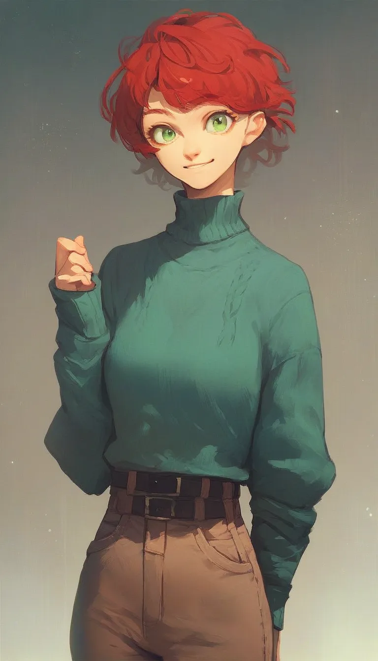 score_9, score_8_up, score_7_up, score_6_up, score_5_up, score_4_up, source_anime, rating_safe, 1girl, solo, short hair, red hair, green eyes, sweater, belt, pants, looking at viewer, smile