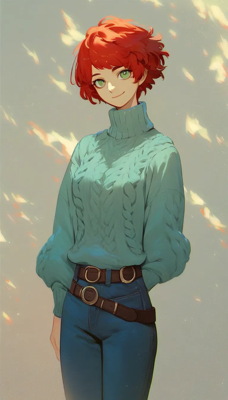 score_9, score_8_up, score_7_up, score_6_up, score_5_up, score_4_up, source_anime, rating_safe, 1girl, solo, short hair, red hair, green eyes, sweater, belt, pants, looking at viewer, smile