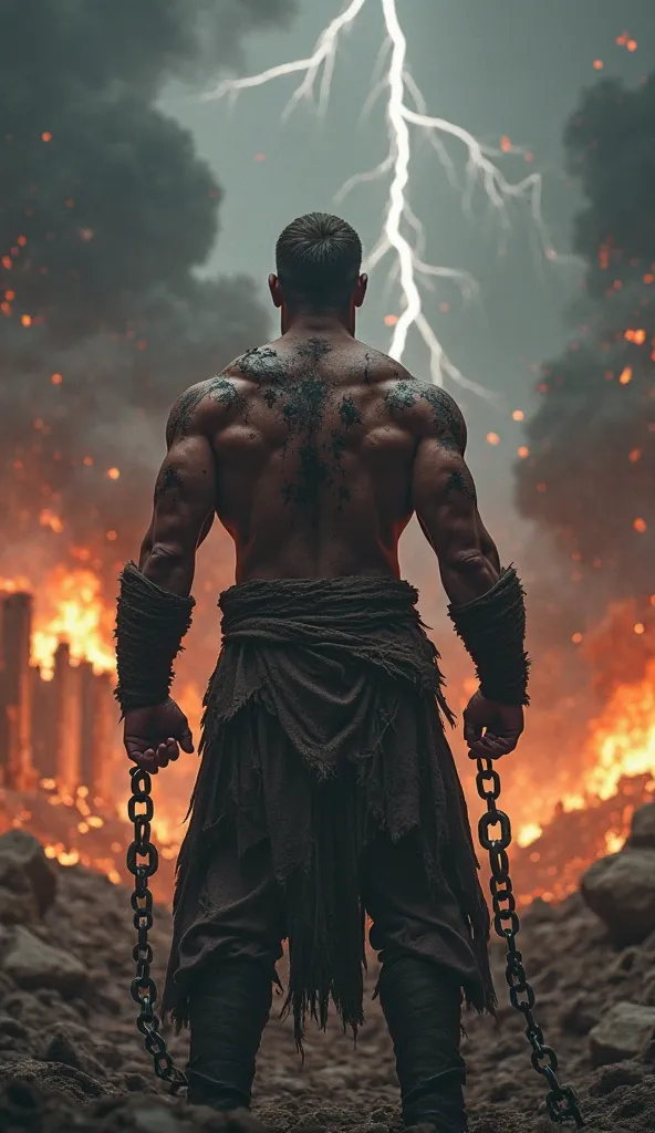 "A highly detailed, ultra-realistic image of a powerful warrior with a muscular, scarred back, standing with both hands bound in heavy chains. He faces a dark and ominous battlefield, filled with burning ruins, smoke, and lightning striking in the backgrou...