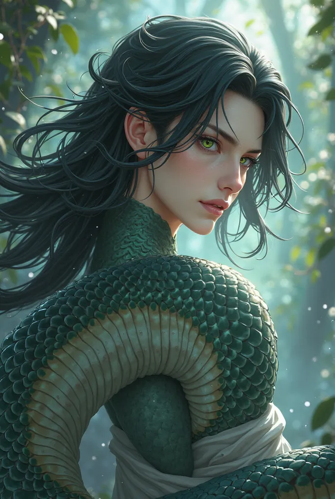  lamia,  male background, long black hair,  green eyes, greyish scales, anime style