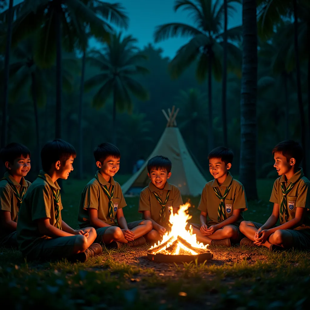 "A highly realistic image of Thai boy scouts and girl scouts camping in a lush tropical forest at night. They are setting up traditional-style tents, sitting around a bright bonfire, and engaging in Thai cultural activities such as playing traditional game...