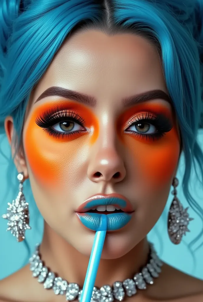 incredibly long and voluminous eyelash extensions, Bright orange makeup,  blue hair ,  diamond earrings  , collar, blue lips, lips with a straw, Hair flip, 