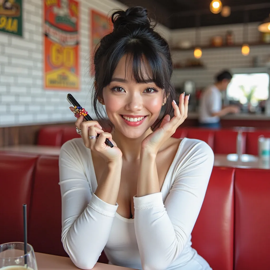 A young woman sitting in a retro-style diner with a relaxed yet stylish pose. She has black hair styled in a half-up, half-down bun with soft, wispy bangs framing her face. Her makeup is subtle yet enhances her features, with a soft blush and natural pink ...