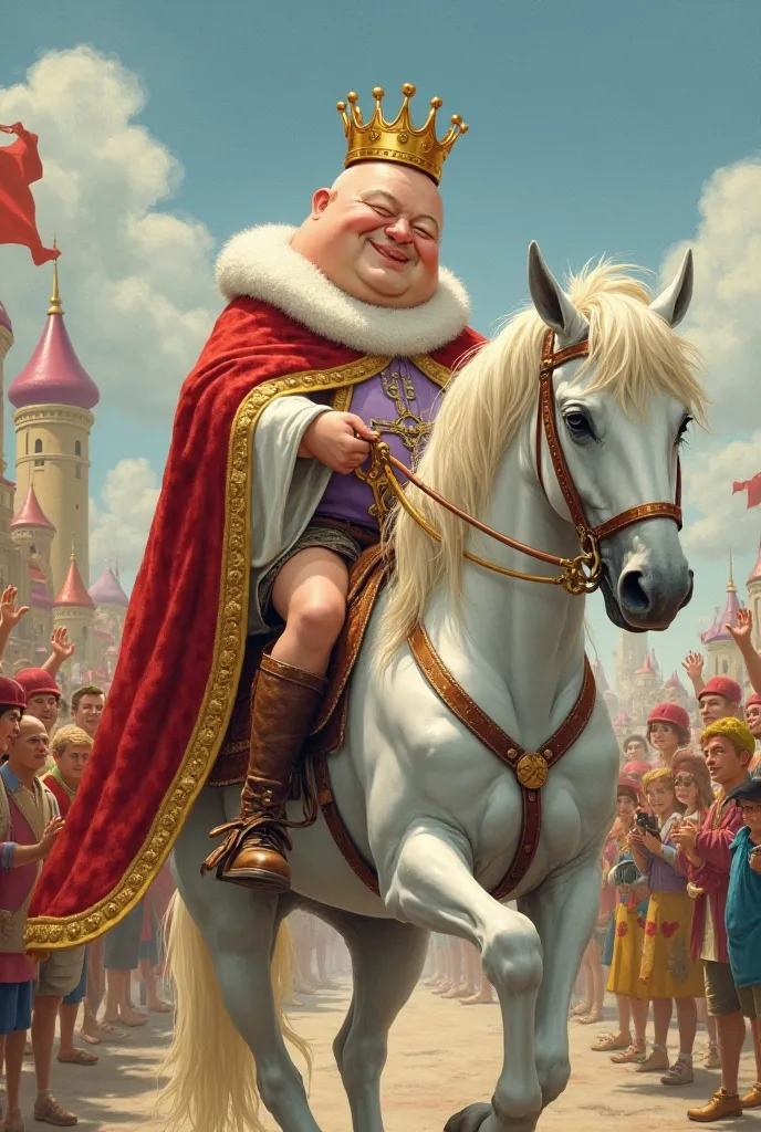 King Humpty Dumpty, still looking sleepy, being helped by his royal servants as he wears his crown. He then climbs onto a majestic white horse, holding the reins confidently. The background shows a lively kingdom with people waving and cheering as the king...