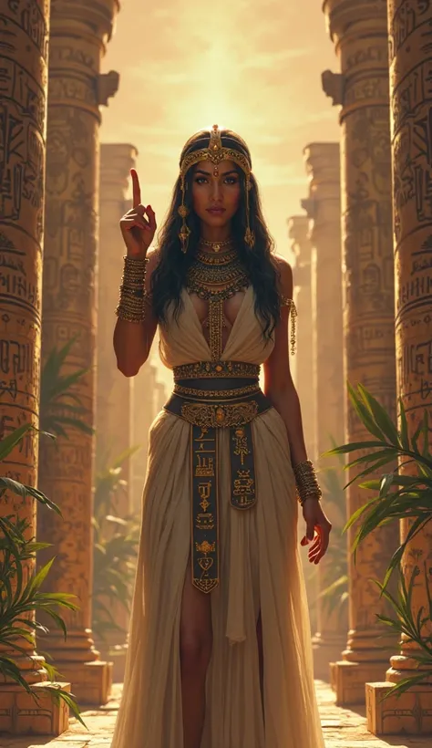 Powerful Cleopatra making the silent sign with her index finger 