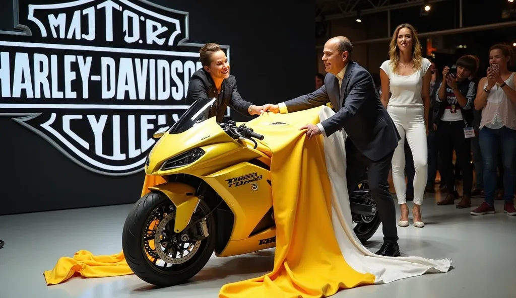 A captivating photo of the 2026 Kawasaki GPZ900RS Glide unveiling in a sleek, modern showroom. The motorcycle, painted in a striking 
yellow , boasts a streamlined design, with a white and yellow cloth playfully concealing its sleek form and showcasing the...