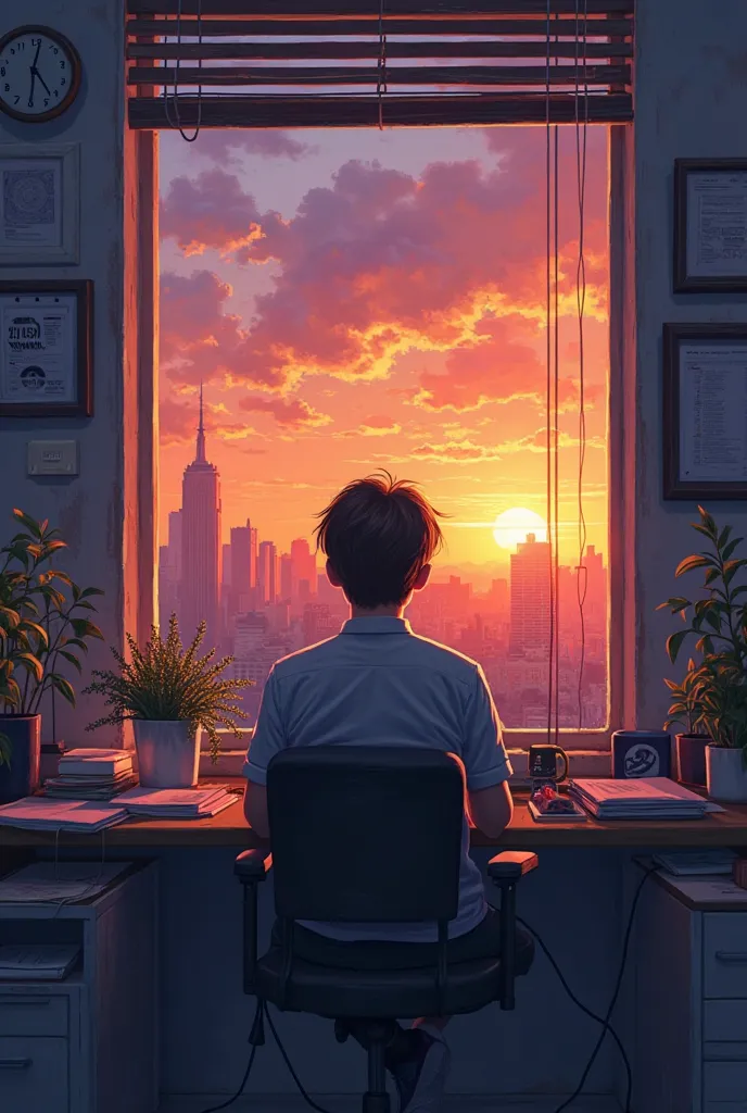 A painting simple but impactful on theme human pulse in ai world A boy in office looking at sunset from small window the office around him is full of ai robots codes etc make the painting easy to draw and impactful