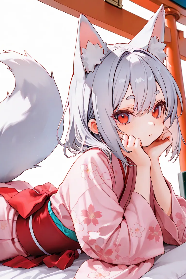  girls on the left、cute、Wearing a kimono、 fox ears、 Silver Hair、 red eyes、Round eyebrows、short、is young、Inari、shrine、torii、I'm wearing a shrine maiden suit 、Sunbathing、A fox is on top of my head、God、 hair is long、 expressionless、opening my mouth slightly、I...