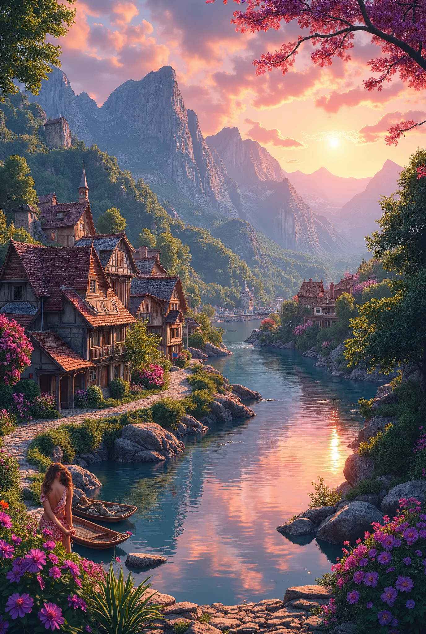  Little village by the river, mountains in the background, floral flowers colorful, detailed landscape, beautiful natural landscapes, atmospheric lighting, scorching sunset, warm colors, Practical, фотоPractical, detailed foliage,  naked girl,  smile,compl...