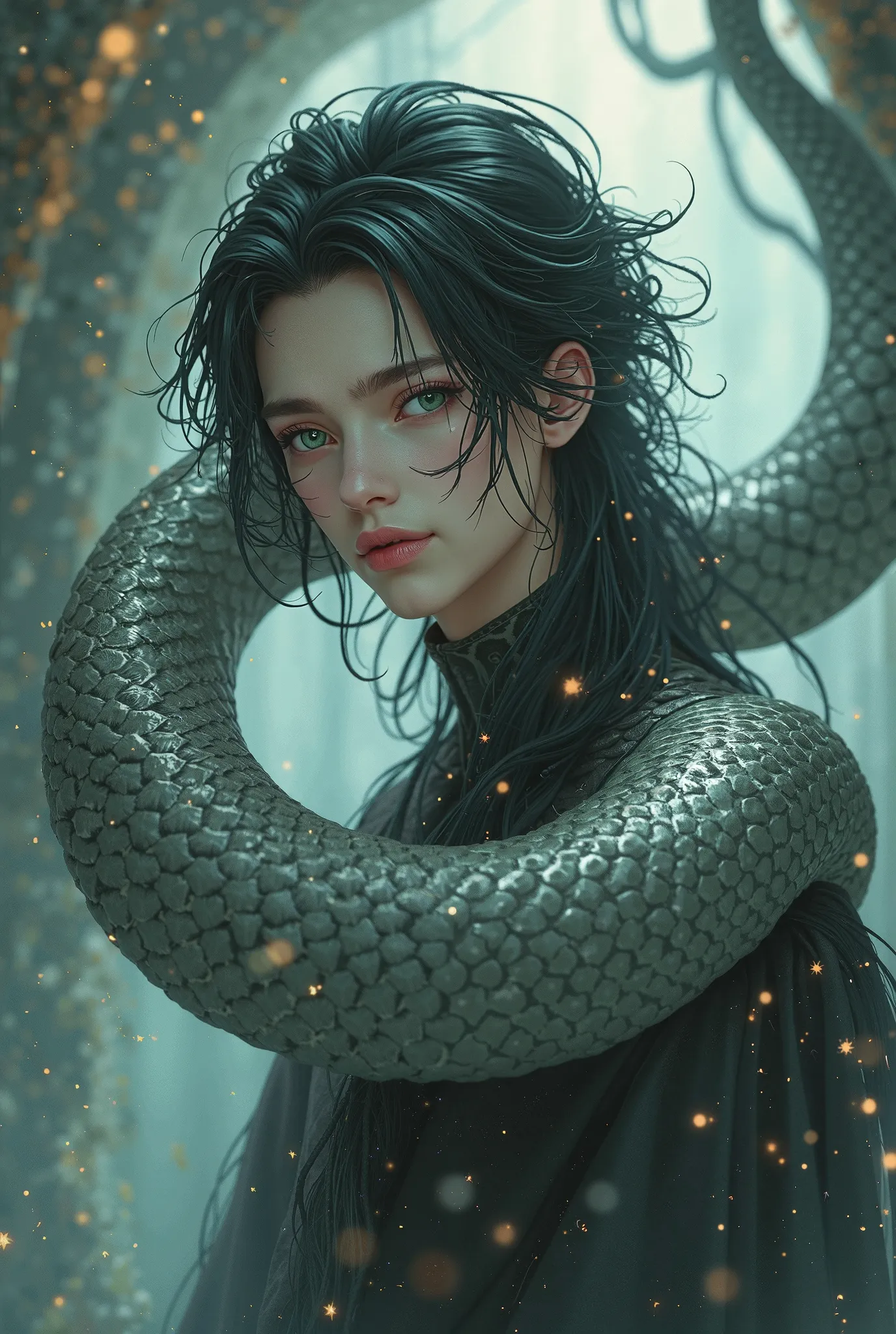  lamia,  male background, long black hair,  green eyes, greyish scales, anime style