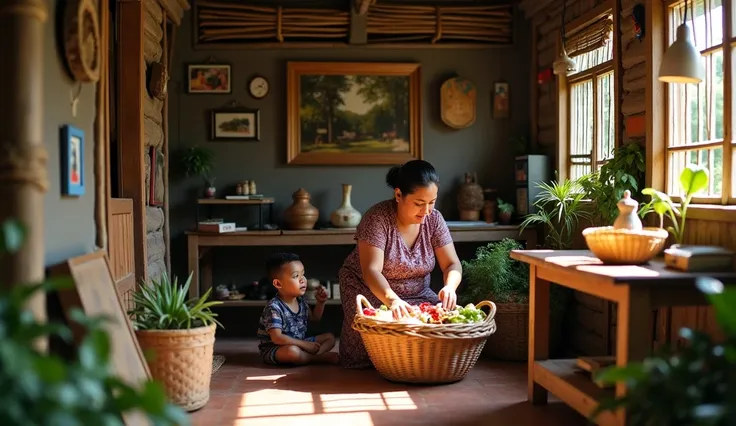 The camera begins with a slow movement outside the small house, capturing the intricate details of its wooden and bamboo-woven structure. It then glides inside, focusing on Bu Siti, a middle-aged woman in a simple kebaya and batik sarong, busily arranging ...