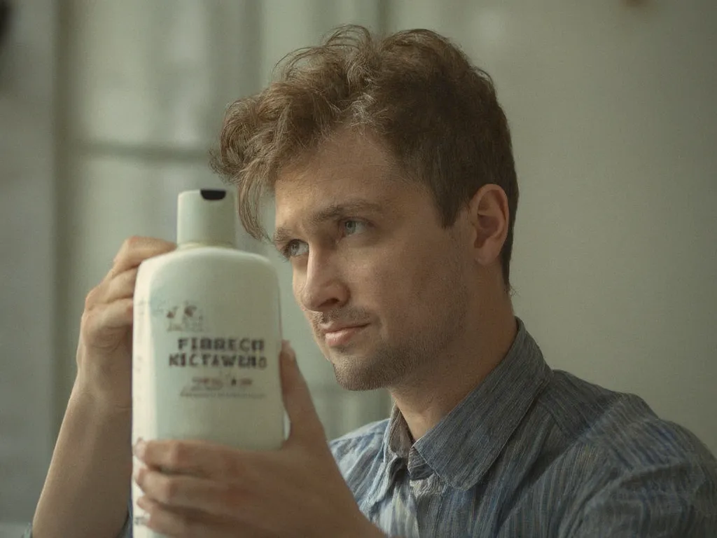 A young man with messy, dry, and unkempt hair looks frustrated while holding a bottle of generic shampoo. His expression shows disappointment as he wonders why his hair never looks good