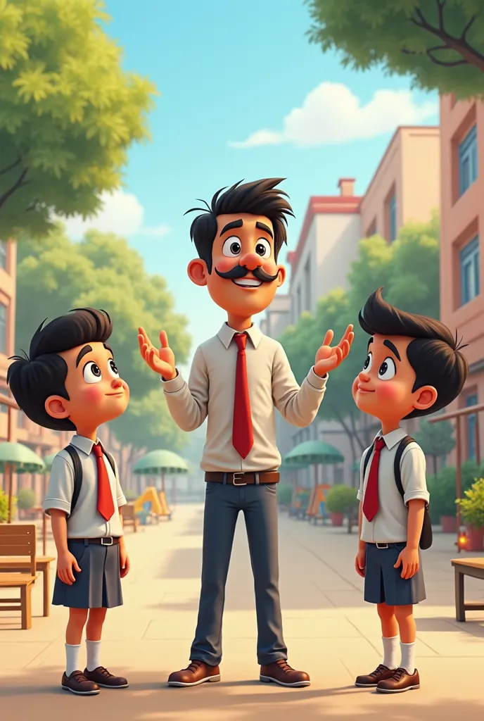   . The teacher is the man standing in the middle of two students in school uniforms Yasser and Sami apologizing to each other. 
Yasir and Samy are smiling shyly..  The scene in the school yard is a fictional cartoon film