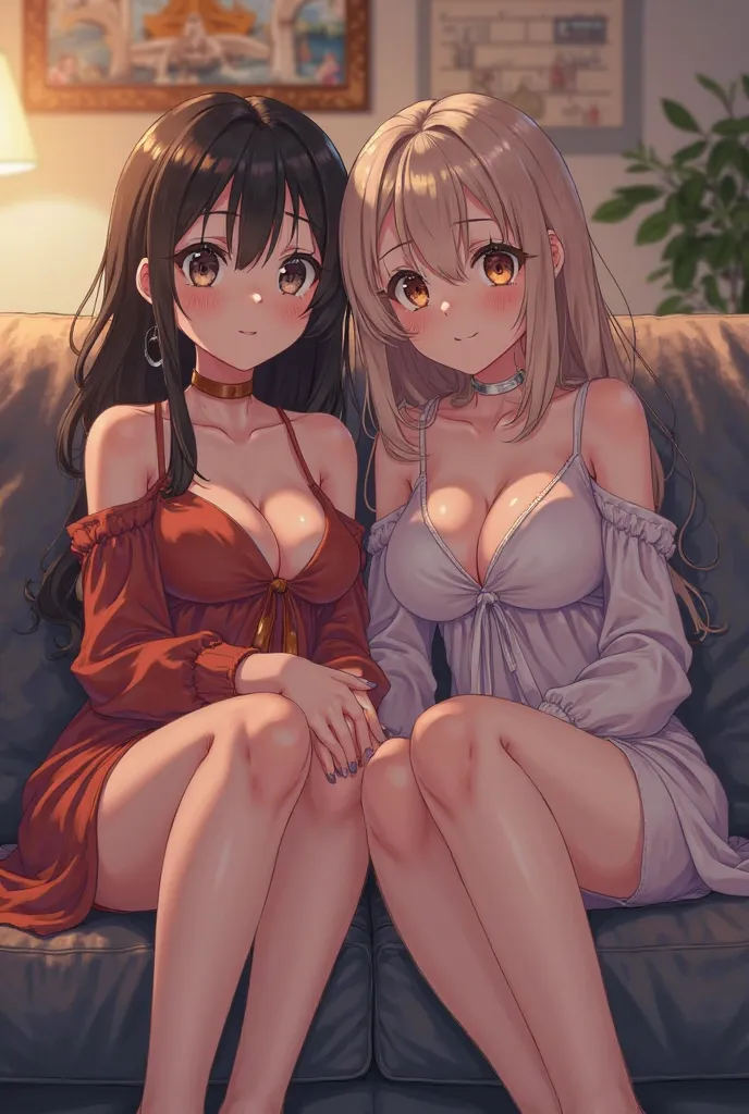 Two anime girls are watching the tv  on a cozy couch, dressed in stylish yet sexy outfits