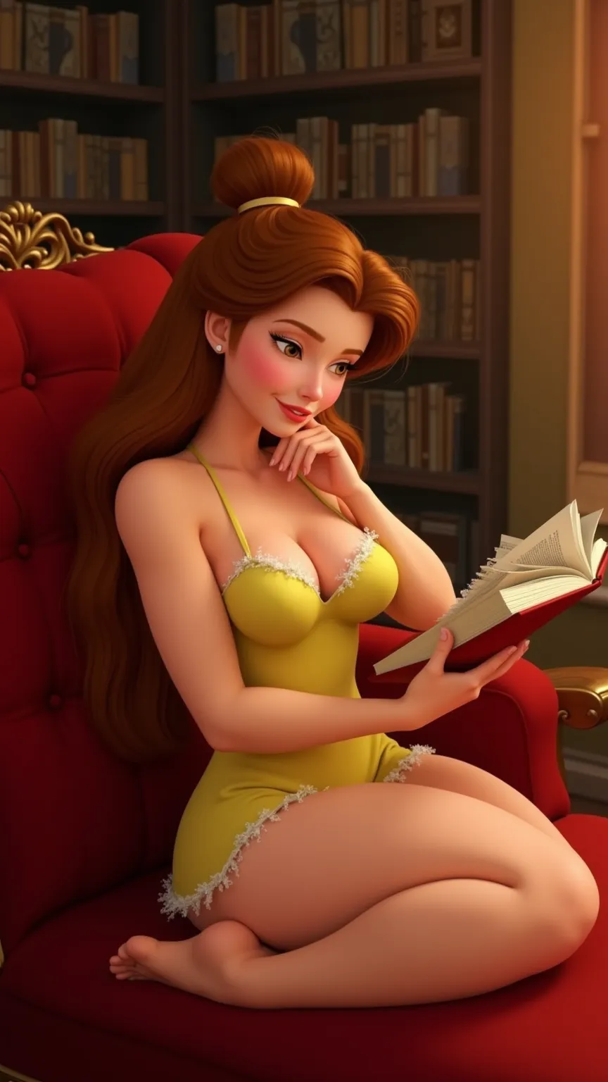 Pixar Anime Disney Style - Innocent Belle reclines on a velvet chaise lounge in the Beast's library, lost in a steamy romance novel. Wearing a low-cut, frilly yellow negligee that showcases her ample C-cup breasts, Belle runs her hand along her neck and co...