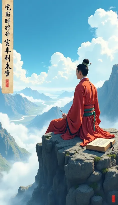 A high class dressed in a traditional tunic, sits on the top of a high mountain, Keep your eyes out, showing erudite face and insight into life. The vast blue sky, flowing white clouds, creates a sense of overarching and far-seeing. Next to him is an ancie...