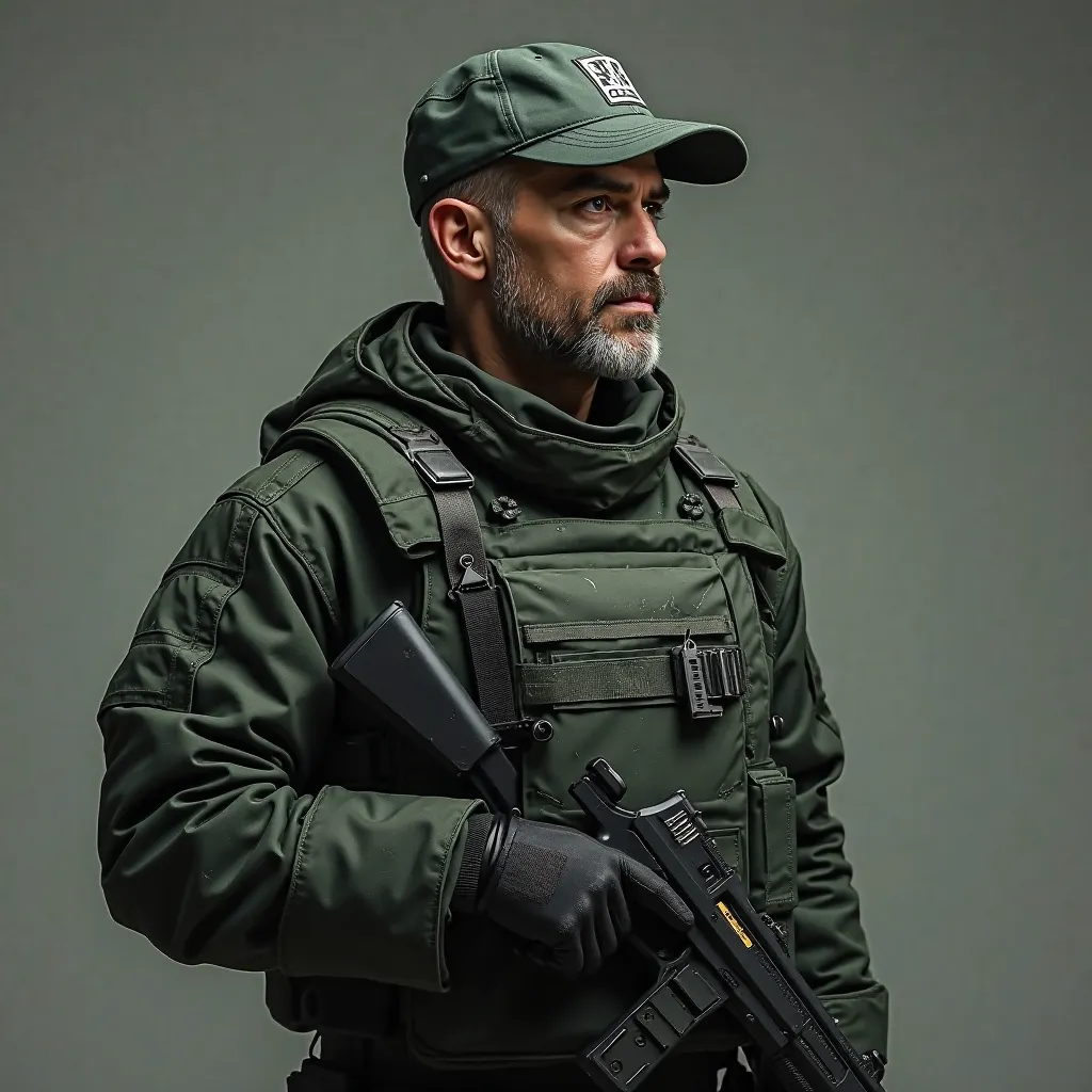 Futuristic senior officer in dark green ballistic armor (with light scuffs and scratches), cap with an unobtrusive military logo,  short beard and mustache ,  determined look , Conceptual Style (concept art), semi-profile, cinematic lighting, 8k, hyper-rea...