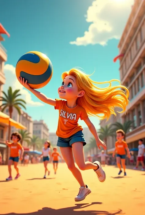 Blonde girl with a volleyball with the inscription Silvia, In Piccolo Antal.City of the Sun on t-shirts 