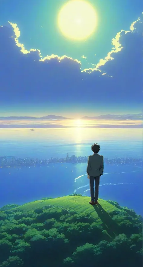 there is a man standing on a hill overlooking a lake and city front of blue sky style of makoto shinkai, ( ( makoto shinkai ) ), makoto shinkai style, makoto shinkai cyril rolando, rio de janeiro in an anime film, in style of makoto shinkai, makoto shinkai...