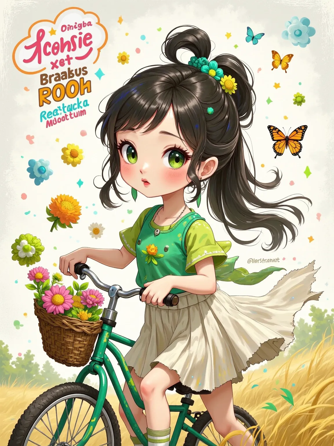 Cute , round face, short legs, watery eyes, lipstick, one eye open and one eye closed, very playful, kissing the camera, pouting, long black hair, high ponytail, wearing green flower earrings, green bicycle, bicycle basket full of colorful flowers, wearing...