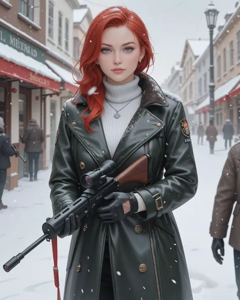 Lindsey Lohan as a secret agent operating in Moscow USSR, long red hair, Snowy streets and grey skies, wearing a dark green leather jacket over a white fitted turtleneck, black gloves, holding a weapon, looking at the camera with confidence