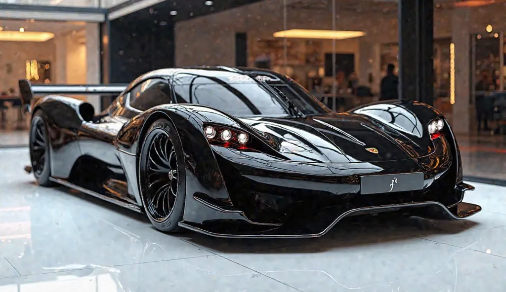 create an ultra-detailed 3D render  (close front right view )of a modern(2025 Porsche f 1  )with a bold designy  looking long like limousine captured from (close front right view) The car should feature a 'Gleamy oily (Vik Black)' color and black accents w...