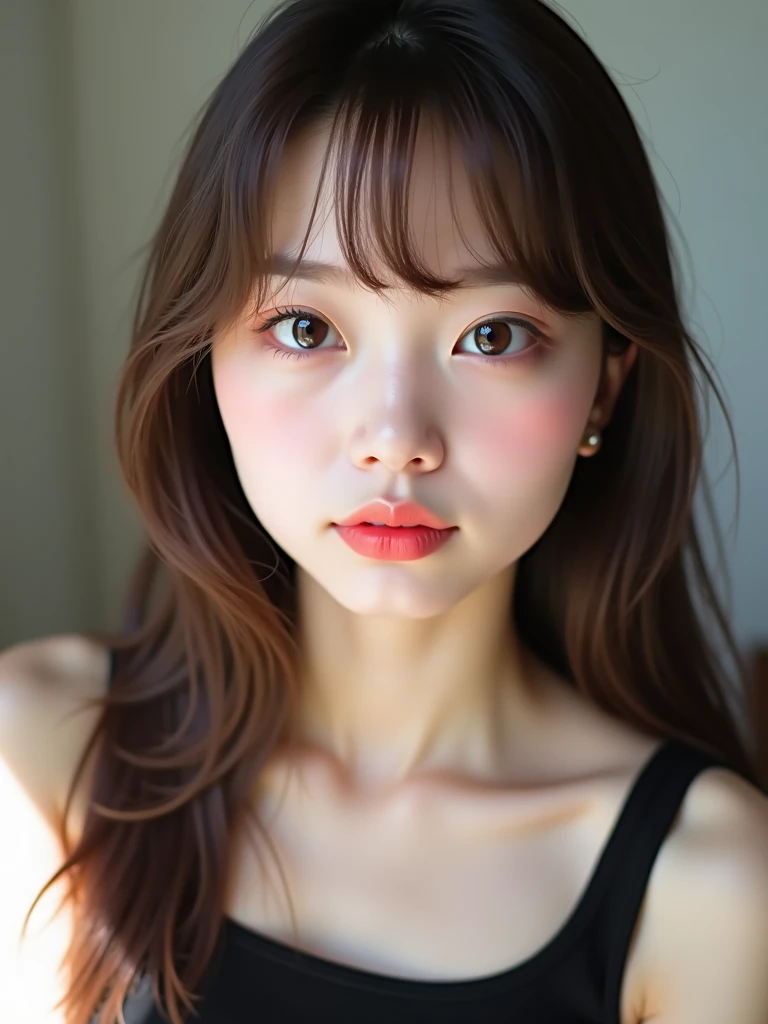 likeい女性、 face up。White skin。droopy eyes。long brown hair、 has bangs。light pink cheek、Red lips。brown contact lenses。wearing a plain black tank top。  under slightly bright natural light、Facing slightly to the side。face is centered。captures the whole picture。 ...