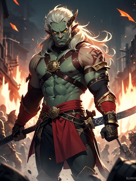 A fierce orc Blademaster from Warcraft 3, waist-up. His muscular green body is battle-scarred, with long, wild white hair flowing under a red headband. His glowing yellow eyes radiate determination. He wears a single spiked shoulder pad, a red sash, and or...